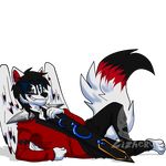  anthro canine clothed clothing feathered_wings feathers lizheru looking_at_viewer male mammal smile solo wings 