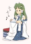  bare_shoulders beige_background blush blush_stickers chii-kun_(seedyoulater) collared_shirt detached_sleeves eighth_note folding_clothes frog frog_hair_ornament full_body green_eyes green_hair hair_ornament highres humming kochiya_sanae long_hair long_sleeves looking_down musical_note nose_blush seiza shadow shirt simple_background sitting skirt smile snake snake_hair_ornament solo tareme touhou wide_sleeves 