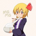  :t alternate_costume blonde_hair bowl cato_(monocatienus) chopsticks eating eyebrows eyebrows_visible_through_hair food hair_ribbon looking_at_viewer mg_mg mochi open_clothes open_robe pink_background polka_dot polka_dot_background red_eyes ribbed_sweater ribbon robe rumia short_hair smile solo sweater touhou upper_body wagashi white_sweater 