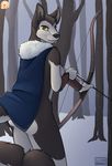  amber_eyes anthro armello armor arrow bow_(weapon) bracers braided_hair braided_tail butt canine cape clothing female forest hair looking_back mammal mistystriker mostly_nude outside ranged_weapon river_(armello) smile snow snowing solo tree weapon wolf 