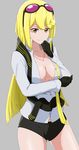  acchi_(koiyimknp) bangs black_gloves black_shorts blonde_hair breasts clothes_around_waist digimon digimon_story:_cyber_sleuth dress_shirt eyewear_on_head gloves highres jewelry kuremi_kyouko long_hair looking_at_viewer medium_breasts necklace no_bra shirt short_shorts shorts smile solo sunglasses white_shirt 