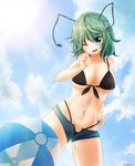  1girl ;) bikini blue_eyes breasts erect_nipples green_hair large_breasts looking_at_viewer navel one_eye_closed open_mouth sanzuri smile solo swimsuit touhou wet wriggle_nightbug 