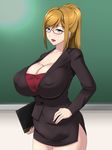  1girl bangs blonde_hair blue_eyes breasts chalkboard character_request classroom cleavage copyright_request glasses high_ponytail huge_breasts impossible_clothes impossible_jacket indoors long_hair looking_at_viewer microskirt nipples pencil_skirt ponytail red-framed_glasses red_lips red_lipstick side_slit skirt_suit solo source_request standing teacher under-rim_glasses 