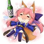  =_= alcohol animal_ears bangs blue_bow blush bottle bow chibi closed_eyes detached_sleeves drooling drunk fate/extra fate_(series) fox_ears fox_tail full-face_blush full_body gradient gradient_background hair_bow highres japanese_clothes long_hair lying on_back outstretched_arms pelvic_curtain pink_background pink_hair purple_legwear sake sake_bottle shoes smile solo star starry_background subaru_(794829485) sweatdrop tail tamamo_(fate)_(all) tamamo_no_mae_(fate) thighhighs white_background 