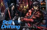  absurdres armor black_eyes black_hair blood blood_on_face bracer drifters flag gloves grin highres hijikata_toshizou_(drifters) japanese_armor katana looking_at_viewer multiple_boys nakamori_ryouji newtype official_art poster samurai sheath sheathed shimazu_toyohisa silver_eyes sitting smile sword teeth translation_request trench_coat weapon white_gloves 