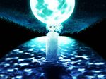  artist_request caustics dress forest full_moon looking_at_viewer medium_hair moon nature night night_sky outdoors rino_(white_clarity) sky solo standing star_(sky) starry_sky tree wading water white_clarity white_dress white_hair 