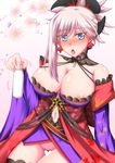  alcohol areolae blue_eyes blush bottle breasts censored earrings fate/grand_order fate_(series) folded_ponytail heart heart_censor highres japanese_clothes jewelry large_breasts magatama midriff miyamoto_musashi_(fate/grand_order) navel navel_cutout open_mouth pubic_hair sake solo tokkuri toono_suika 