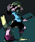  bike_shorts blue_shirt commentary domino_mask fang green_eyes green_hair hat inkling mask nana_(raiupika) pink_footwear ponytail shirt shoes solo splat_roller_(splatoon) splatoon_(series) splatoon_1 tentacle_hair 