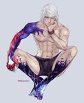  1boy artist_name blue_eyes devil_may_cry devil_may_cry_4 full_body head_rest jewelry looking_at_viewer male_focus mineco000 nero_(devil_may_cry) ring simple_background solo underwear underwear_only white_hair wristband 
