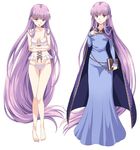  absurdly_long_hair barefoot blue_dress book breasts cape crossed_arms dress fire_emblem fire_emblem:_fuuin_no_tsurugi full_body holding holding_book lingerie long_hair looking_at_viewer multiple_views panties purple_eyes purple_hair rasahan small_breasts sofiya underwear very_long_hair 