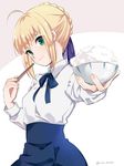  ahoge artoria_pendragon_(all) bangs blonde_hair blue_ribbon blue_skirt bowl braid breasts chopsticks closed_mouth collared_shirt eyebrows_visible_through_hair fate/stay_night fate_(series) food french_braid giving green_eyes grey_background hair_ribbon holding holding_bowl holding_chopsticks holding_food ica light_smile long_sleeves looking_at_viewer medium_breasts outstretched_arm ribbon rice saber shirt sidelocks signature simple_background skirt smile solo twitter_username two-tone_background upper_body white_background white_shirt 