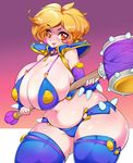  1girl armor bikini blonde_hair borrowed_character breasts curvy hair hammer huge_breasts ishibu looking_at_viewer navel orange_eyes phaia plump short_hair smile solo spunky_knight thick_thighs thighhighs tongue tongue_out wide_hips 