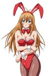  animal_ears antenna_hair aqua_eyes bangs bare_shoulders bow bowtie breasts bunny_ears bunny_girl bunny_tail bunnysuit cleavage cowboy_shot crossed_bangs detached_collar fake_animal_ears highres ikkitousen large_breasts leotard long_hair looking_at_viewer navel navel_cutout official_art orange_hair pantyhose red_leotard simple_background solo sonsaku_hakufu tail white_background wrist_cuffs 