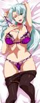  aqua_eyes armpits black_legwear bra breasts calvina_coulange choker cleavage earrings front-tie_top green_hair hand_on_own_chest highres jewelry large_breasts licking_lips lingerie long_hair looking_at_viewer mismatched_pubic_hair naughty_face navel necklace one_eye_closed panties pantyhose pantyhose_pull partially_visible_vulva pendant pubic_hair purple_bra purple_panties see-through side_shape silver_hair solo super_robot_wars super_robot_wars_judgement thigh_strap tongue tongue_out underwear 