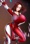  absurdres bodysuit breasts brown_hair cloudxmoe hand_on_hip high_heels highres huge_breasts lipstick long_hair looking_at_viewer makeup original red_eyes smile solo thighs 