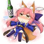  1girl :&lt; alcohol animal_ears bangs blue_bow blush bottle bow chibi detached_sleeves fate/extra fate_(series) fox_ears fox_tail full-face_blush full_body gradient gradient_background hair_bow highres japanese_clothes jitome long_hair looking_up lying on_back outstretched_arms pelvic_curtain pink_background pink_hair purple_legwear sake sake_bottle shoes solo spoken_ellipsis star starry_background subaru_(794829485) sweatdrop tail tamamo_(fate)_(all) tamamo_no_mae_(fate) thighhighs white_background yellow_eyes 