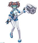  brown_hair doll_joints full_body highres holding holding_weapon looking_at_viewer robot smile solo twintails warhammer weapon 