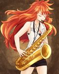  amou_kanade armpits bare_shoulders black_shorts breasts cleavage closed_eyes collarbone instrument jazz_for_your_soul_(meme) jewelry long_hair medium_breasts nagi_mizuha nail_polish necklace pendant red_hair red_nails saxophone senki_zesshou_symphogear shirt short_shorts shorts sleeveless sleeveless_shirt solo spiked_hair symphogear_pendant wavy_hair white_shirt 