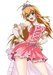  :d antenna_hair breasts cleavage contrapposto detached_sleeves dress fang green_eyes hands_on_hips ikkitousen large_breasts long_hair official_art open_mouth orange_hair simple_background smile solo sonsaku_hakufu standing strapless strapless_dress tiara white_background 
