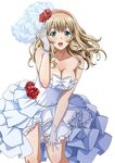  aqua_eyes bare_shoulders breasts cleavage dress flower gloves hairband hand_to_head ikkitousen large_breasts light_brown_hair long_hair looking_at_viewer open_mouth simple_background solo sonken_chuubou strapless strapless_dress white_background white_dress 