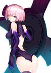  ass back bangs bare_shoulders black_gloves black_legwear black_leotard blurry breasts closed_mouth commentary_request depth_of_field elbow_gloves fate/grand_order fate_(series) gloves hair_over_one_eye half-closed_eyes leotard light_smile looking_back looking_down mash_kyrielight medium_breasts pink_hair purple_eyes saisarisu sideboob smile solo thighhighs thighs turtleneck white_background 
