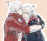  2boys blue_eyes blush dante_(devil_may_cry) devil_may_cry devil_may_cry_3 devil_may_cry_4 eyes_closed fang fingerless_gloves gloves half-closed_eyes heart jya kiss looking_at_another male_focus multiple_boys nero_(devil_may_cry) open_mouth simple_background sweatdrop white_hair 