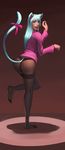 1girl animal_ears animal_tail ashe_(league_of_legends) ass back bent_over blue_eyes cat_tail from_behind league_of_legends legs long_hair looking_at_viewer open_mouth pantyhose ribbon tail thong white_hair 