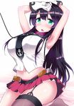  agano_(kantai_collection) anchor_symbol armpits arms_up belt black_hair blush breasts choker collar commentary_request garter_straps gloves green_eyes highres kantai_collection large_breasts long_hair looking_at_viewer miniskirt navel necktie open_mouth red_skirt sasago_kaze school_uniform serafuku skirt solo thighhighs white_gloves 
