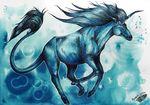  2011 blue_hair equine feral hair hooves horn mammal natoli nude solo standing traditional_media_(artwork) unicorn watermark 