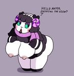  2017 animal_crossing anthro bent_over big_breasts blush breasts butt caprine digital_media_(artwork) female headband horn lipstick makeup mammal mr.under muffy_(animal_crossing) nintendo nipples open_mouth scarf sheep simple_background solo video_games 