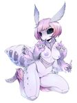  abdomen antennae anthro arthropod black_eyes black_sclera breasts featureless_crotch female freckles hair insect kneeling monster_girl_(genre) moth multi_arm multi_limb nipples nude simple_background slugbox tongue tongue_out white_background 