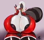  anthro areola areola_slip big_breasts breasts cleavage clothed clothing ear_piercing erect_nipples female huge_breasts looking_at_viewer mammal mrmadhead nipple_bulge nipples piercing raccoon smile solo thick_lips 