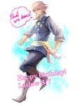  1boy ? bad_id bad_pixiv_id boots brown_eyes dated fire_emblem fire_emblem_if full_body grey_hair happy_birthday haruhito1211 lazward_(fire_emblem_if) male_focus simple_background solo white_background 
