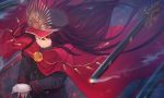  brown_hair cape fate/grand_order fate_(series) gloves gun hat long_hair military nobunaga_oda_(fate) red_eyes teko weapon 