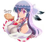  2017 bare_shoulders bow breasts feathers finger_to_mouth food hair_bow hair_feathers hair_tubes kagaminomachi_no_kaguya kaguya_(kagaminomachi_no_kaguya) kusanagi_tonbo large_breasts long_hair looking_at_viewer original purple_eyes purple_hair simple_background solo taiyaki upper_body wagashi white_background 