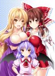  3girls ascot bat_wings black_wings blonde_hair bow breasts broo brown_eyes brown_hair cleavage commentary_request detached_sleeves dress hair_bow hair_tubes hakurei_reimu highres kamiya_tomoe large_breasts long_hair looking_at_viewer multiple_girls pink_shirt purple_dress red_eyes remilia_scarlet shirt smile touhou upper_body wings yakumo_yukari 