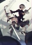  black_dress black_footwear black_gloves black_legwear blindfold boots breasts cleavage cleavage_cutout closed_mouth commentary dress gloves hairband high_heel_boots high_heels holding holding_sword holding_weapon juliet_sleeves katana knee_boots leotard leotard_under_clothes long_sleeves nier_(series) nier_automata pelvic_curtain pod_(nier_automata) puffy_sleeves short_hair small_breasts solo sword thighhighs vienri weapon white_hair white_leotard yorha_no._2_type_b 