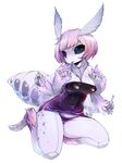  abdomen antennae anthro arthropod black_eyes black_sclera breasts cleavage clothed clothing dress female freckles hair insect kneeling monster_girl_(genre) moth multi_arm multi_limb panties simple_background slugbox tongue tongue_out underwear white_background 