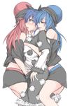  animal_ears bare_shoulders black_shirt black_skirt blue_hair breasts doremy_sweet drooling dual_persona fingering girl_sandwich hecatia_lapislazuli kuroba_rapid large_breasts miniskirt multiple_girls off-shoulder_shirt polos_crown pom_pom_(clothes) profile pussy_juice red_hair sandwiched shirt simple_background skirt smile t-shirt tapir_ears touhou white_background yuri 