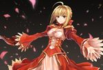  ahoge black_background blonde_hair blush braid breasts cleavage dress epaulettes fate/extra fate_(series) gradient gradient_background green_eyes highres holding holding_sword holding_weapon juliet_sleeves long_sleeves looking_at_viewer medium_breasts nero_claudius_(fate) nero_claudius_(fate)_(all) outstretched_arms petals puca-rasu puffy_sleeves red_dress skirt smile solo spread_arms sword underbust upper_body weapon white_skirt wide_sleeves 