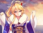  blonde_hair blue_eyes character_name fur_trim furisode headgear iowa_(kantai_collection) japanese_clothes kantai_collection kimono light_smile logo long_hair looking_at_viewer number pokke_(pokke-chan) smile solo star star-shaped_pupils symbol-shaped_pupils 