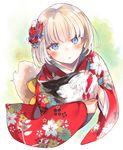  bird blonde_hair blue_eyes blush chicken commentary_request floral_print flower from_above furisode hair_flower hair_ornament holding japanese_clothes kanzashi kimono looking_at_viewer looking_up original parted_lips short_hair solo tsunekichi wide_sleeves 