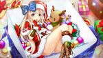  blonde_hair boots bow box brown_footwear candy candy_cane flower food fur_trim gift gloves hair_bow hat in_box in_container kidou_senshachiha_tan_x long_hair official_art open_mouth ornament poinsettia red_gloves santa_costume santa_hat solo stuffed_animal stuffed_reindeer stuffed_toy sweatdrop 