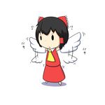  :&lt; ascot black_hair bow chibi closed_mouth detached_sleeves fake_wings flapping flying_sweatdrops frown full_body hair_bow hair_tubes hakurei_reimu motion_blur motion_lines potaaju shadow short_hair simple_background skirt skirt_set solid_oval_eyes solo touhou v-shaped_eyebrows white_background wings 