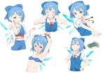  &gt;:) ;) =v= ^_^ adapted_costume ahoge armpits arms_up bandeau bangs bikini_top blue_bow blue_dress blue_eyes blue_hair blue_vest blush bound bound_wrists bow breasts cirno closed_eyes collarbone collared_shirt commentary_request detached_sleeves doyagao dress expressions grin hair_bow hair_tucking hands_on_hips ice ice_wings japanese_clothes looking_at_viewer multiple_views navel neck_ribbon nise6 obi one_eye_closed parted_lips puffy_short_sleeves puffy_sleeves red_ribbon ribbon sash shirt short_hair short_sleeves small_breasts smile smug strapless strapless_bikini touhou v-shaped_eyebrows vest white_shirt wide_sleeves wings 