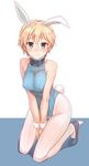  adapted_costume animal_ears bangs bare_shoulders blonde_hair blue_eyes blue_footwear blue_leotard blush brave_witches breast_squeeze breasts bunny_ears bunny_tail closed_mouth collarbone covered_nipples eyebrows_visible_through_hair eyelashes fake_animal_ears frown full_body fur_trim hair_between_eyes hairband high_heels highres kneeling konnyaku_(kk-monmon) leotard long_sleeves looking_at_viewer medium_breasts nikka_edvardine_katajainen pantyhose ribbed_leotard shiny shiny_clothes shoes short_hair sleeveless solo tail v_arms white_legwear world_witches_series wrist_cuffs 