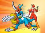  2017 anthro big_breasts blaziken bottomless breasts clothed clothing crossover digimon duo erect_nipples female flamedramon huge_breasts jilo nintendo nipple_bulge nipples pok&eacute;mon pussy torn_clothing video_games 