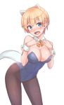 animal_ears bare_shoulders black_legwear blonde_hair blue_eyes blue_leotard blush brave_witches breasts cleavage covered_navel detached_collar dog_ears dog_tail highleg highleg_leotard highres konnyaku_(kk-monmon) large_breasts leaning_forward leotard looking_at_viewer nikka_edvardine_katajainen open_mouth pantyhose playboy_bunny_leotard short_hair solo tail weasel_tail world_witches_series wrist_cuffs 