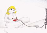  2016 anthro beaver beverly_(sailoranna) blonde_hair blue_eyes breasts buckteeth controller crossed_legs female game_controller hair hi_res holding_controller holding_object hufnaar mammal nipples nude open_mouth pencil_(artwork) restricted_palette rodent sitting slightly_chubby solo teeth traditional_media_(artwork) 