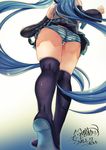  2017 aqua_hair artist_name ass black_footwear black_legwear boots dated detached_sleeves from_below gradient gradient_background hatsune_miku head_out_of_frame highres kitasaya_ai long_hair outstretched_arms panties pantyshot pantyshot_(standing) pleated_skirt signature skindentation skirt solo standing striped striped_panties thigh_boots thighhighs twintails underwear very_long_hair vest vocaloid walking 